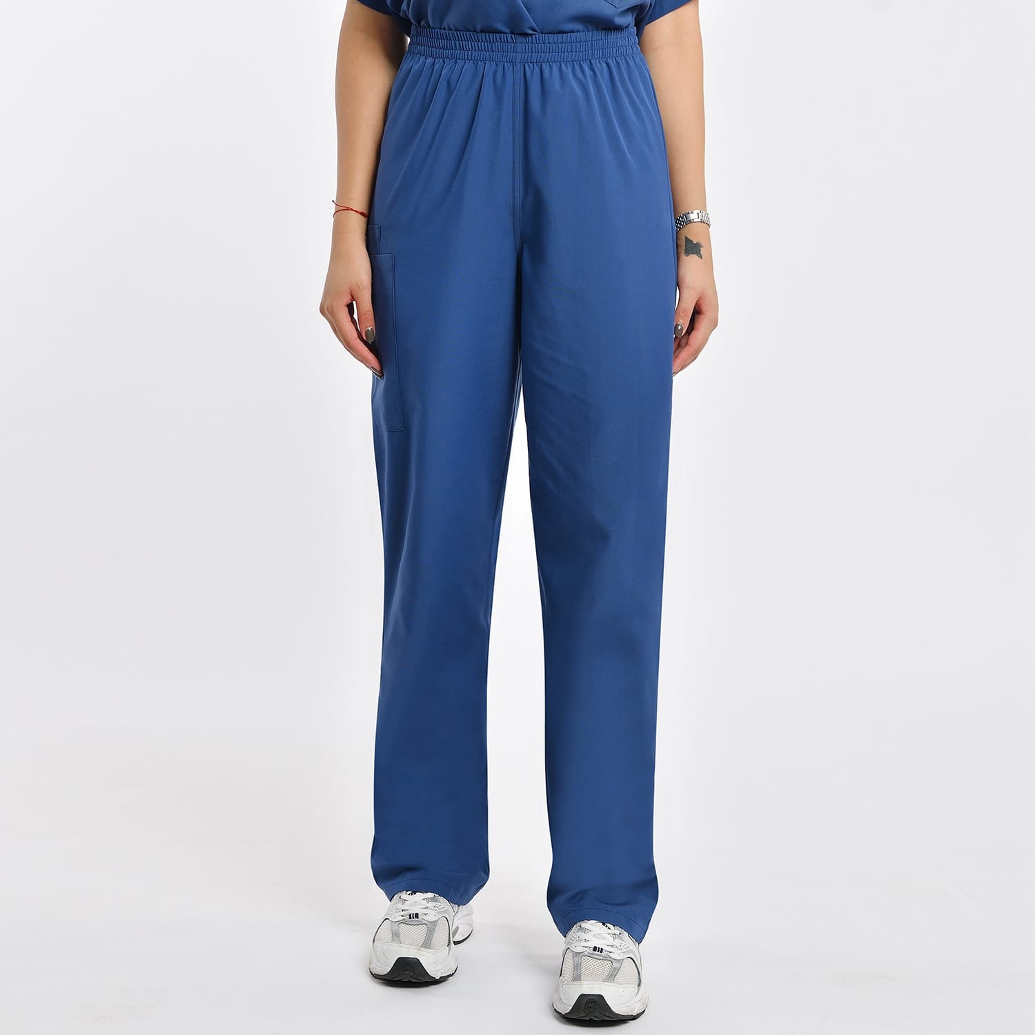 Front view of women's scrub pants, clean design.