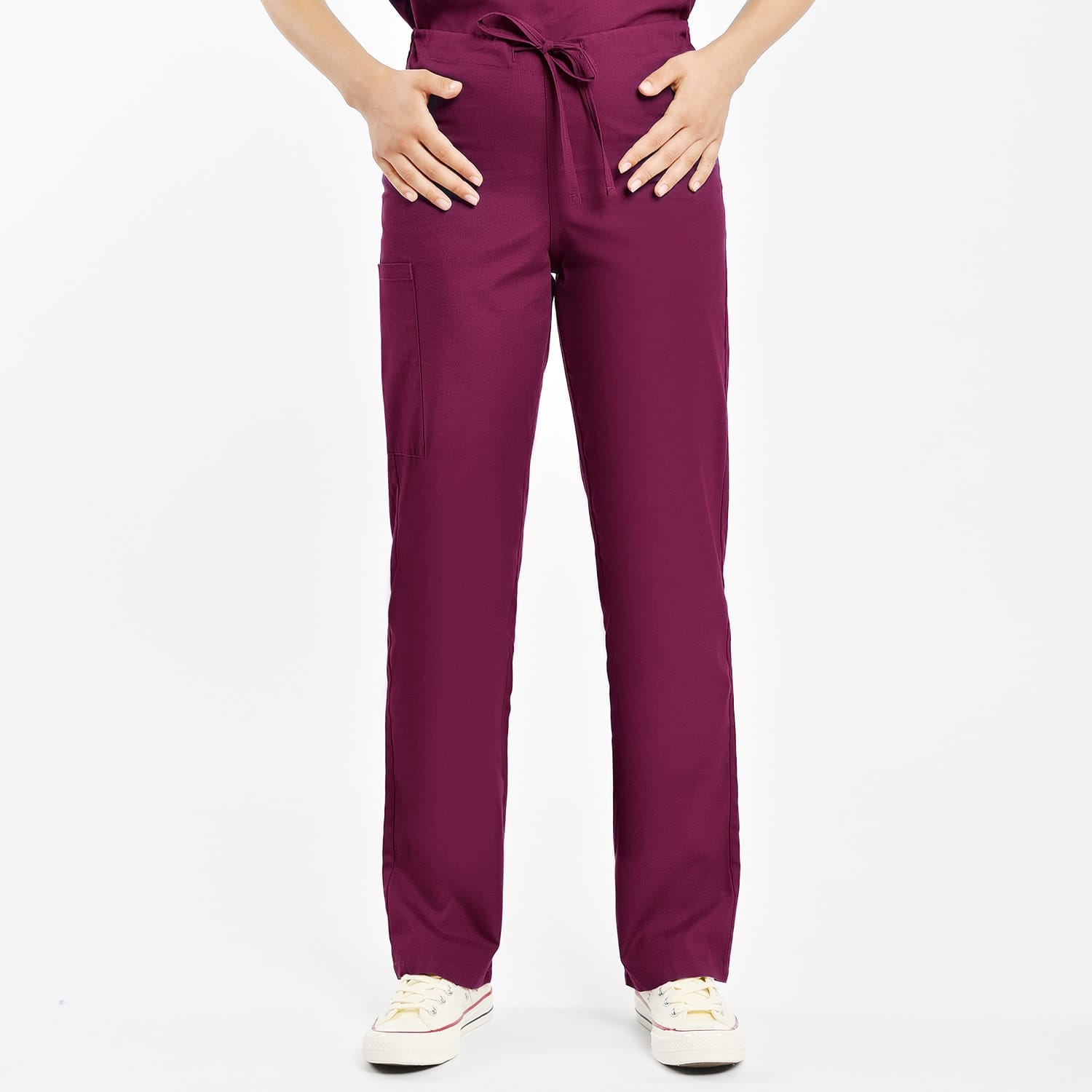 Unisex scrub pants in burgundy, designed for clinical professionals, featuring breathable fabric.