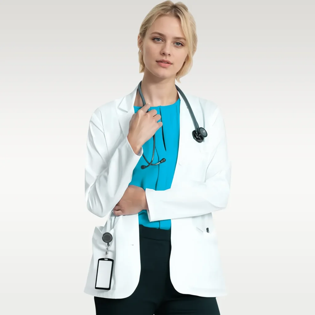 Close-up of a woman wearing a custom short fit white coat, ideal for healthcare professionals, featuring a tailored fit and practical pockets.