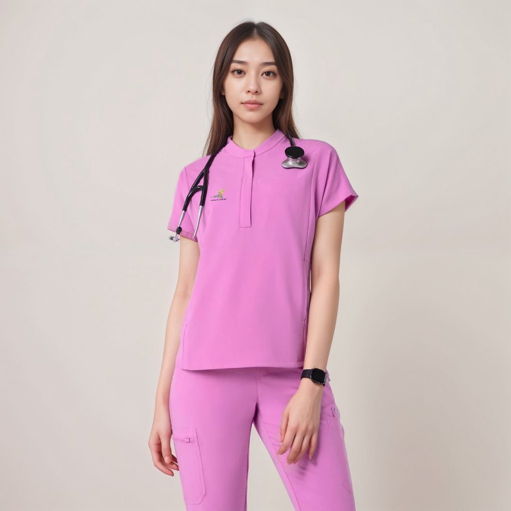 Custom women’s pink medical scrub top with chest pocket for healthcare professionals, featuring a loose, breathable fit.