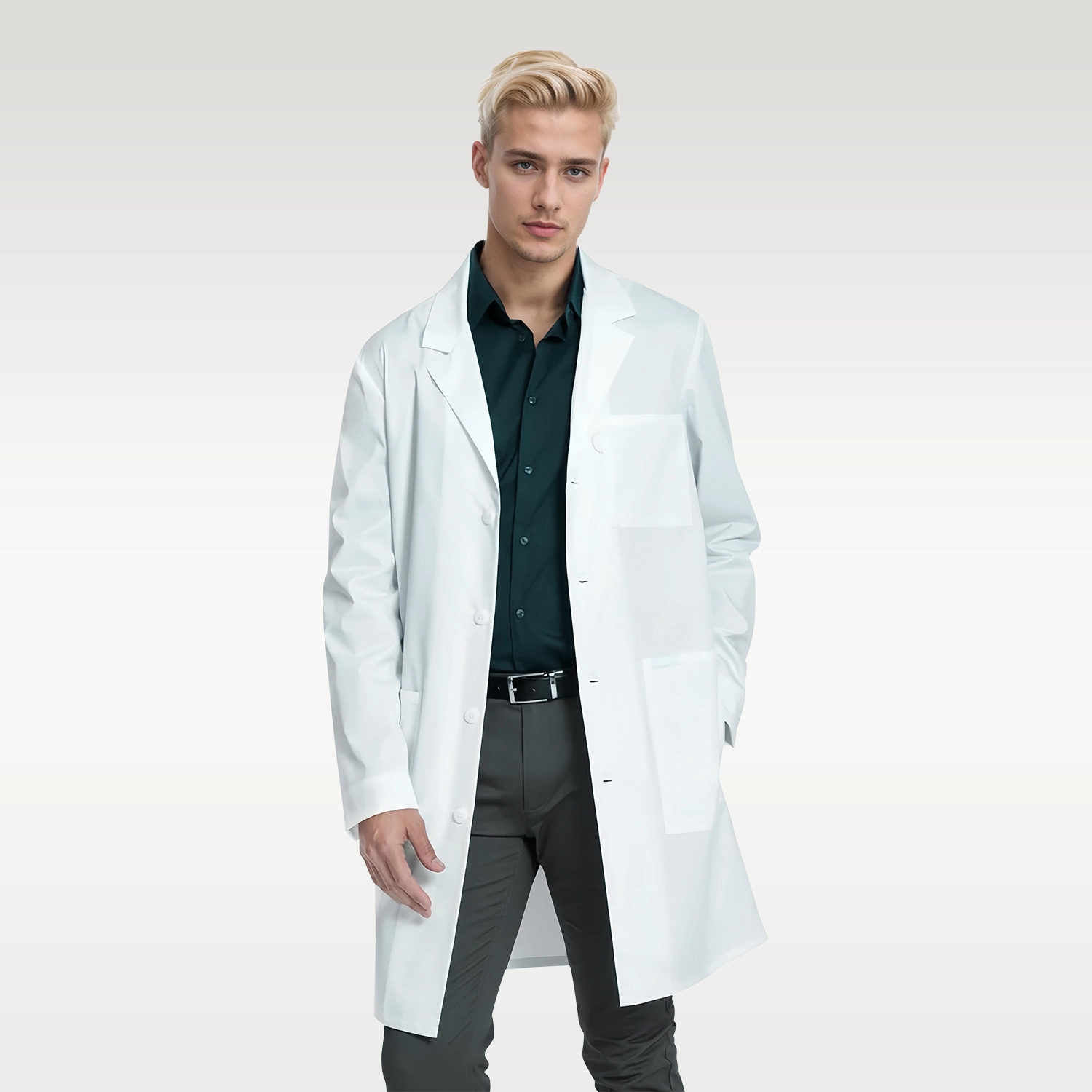 Close-up of the unisex button-front medical white coat, showing the professional design, long sleeves, and functional pockets.