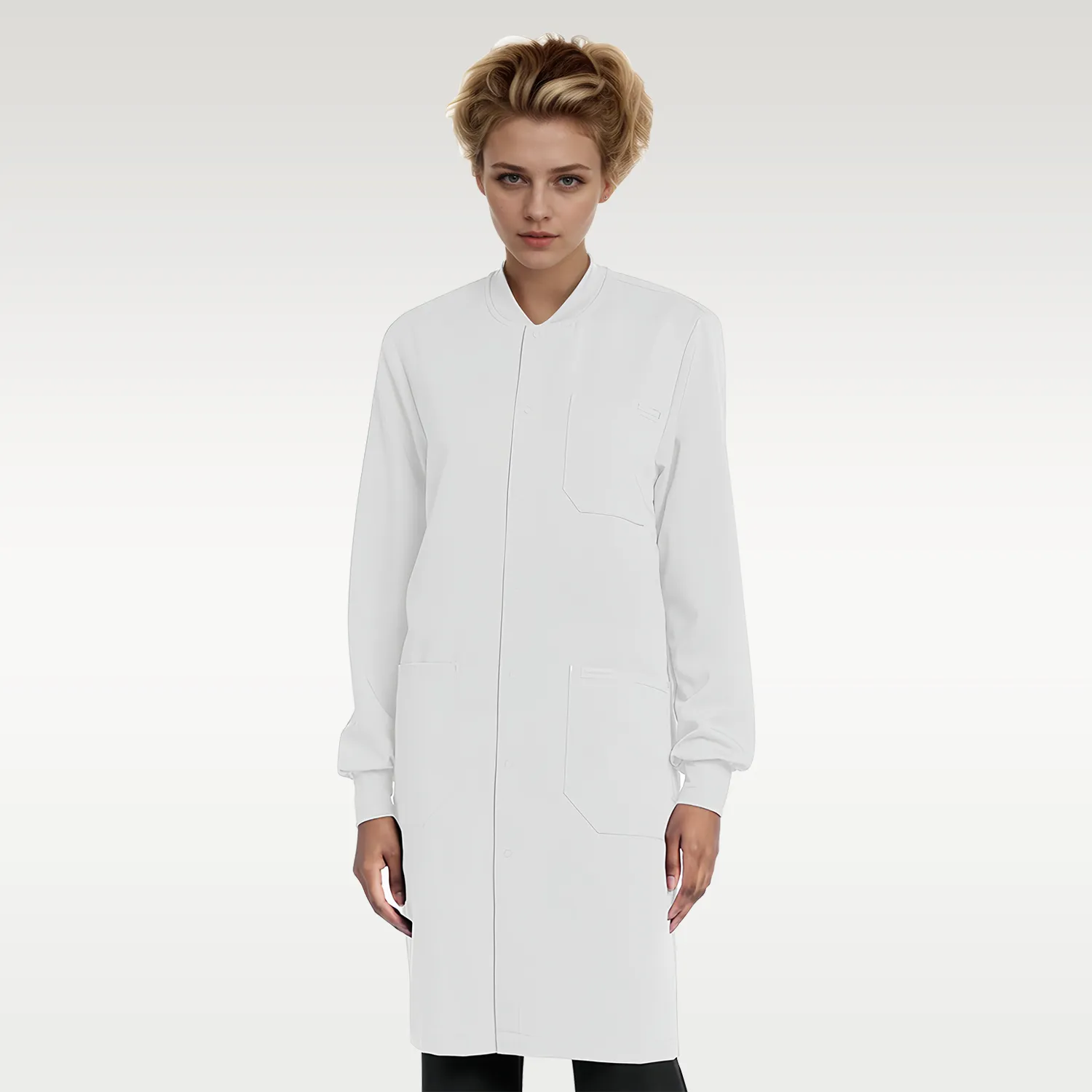 Front view of a unisex snap button medical white coat with long sleeves and functional pockets.