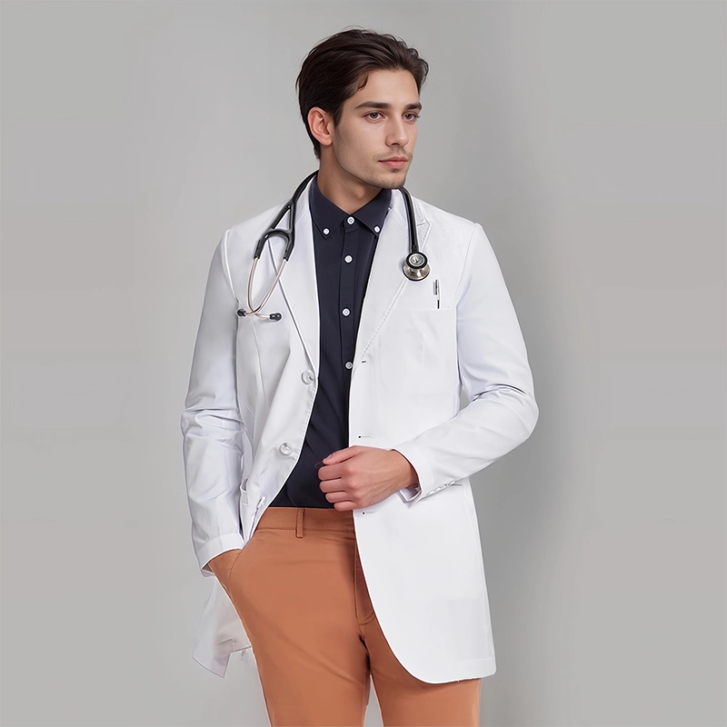 Men's professional white medical coat with a modern classic fit, notched collar, and practical pockets for medical tools.