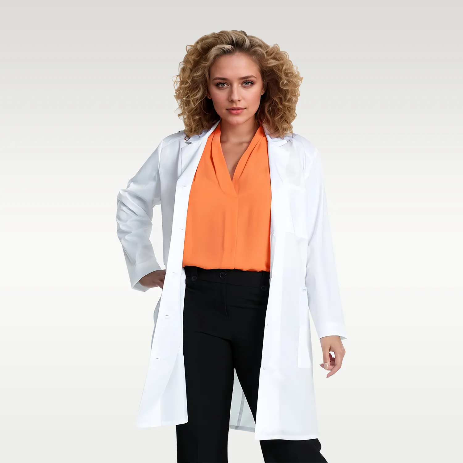 Women's medical white coat with long sleeves, 5-button closure, notched lapel collar, and functional pockets for healthcare use.
