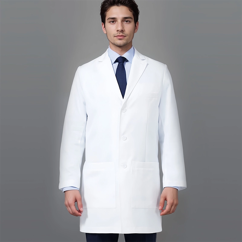 Front view of a unisex white medical lab coat with long sleeves, notched lapel collar, and multiple pockets for medical tools.