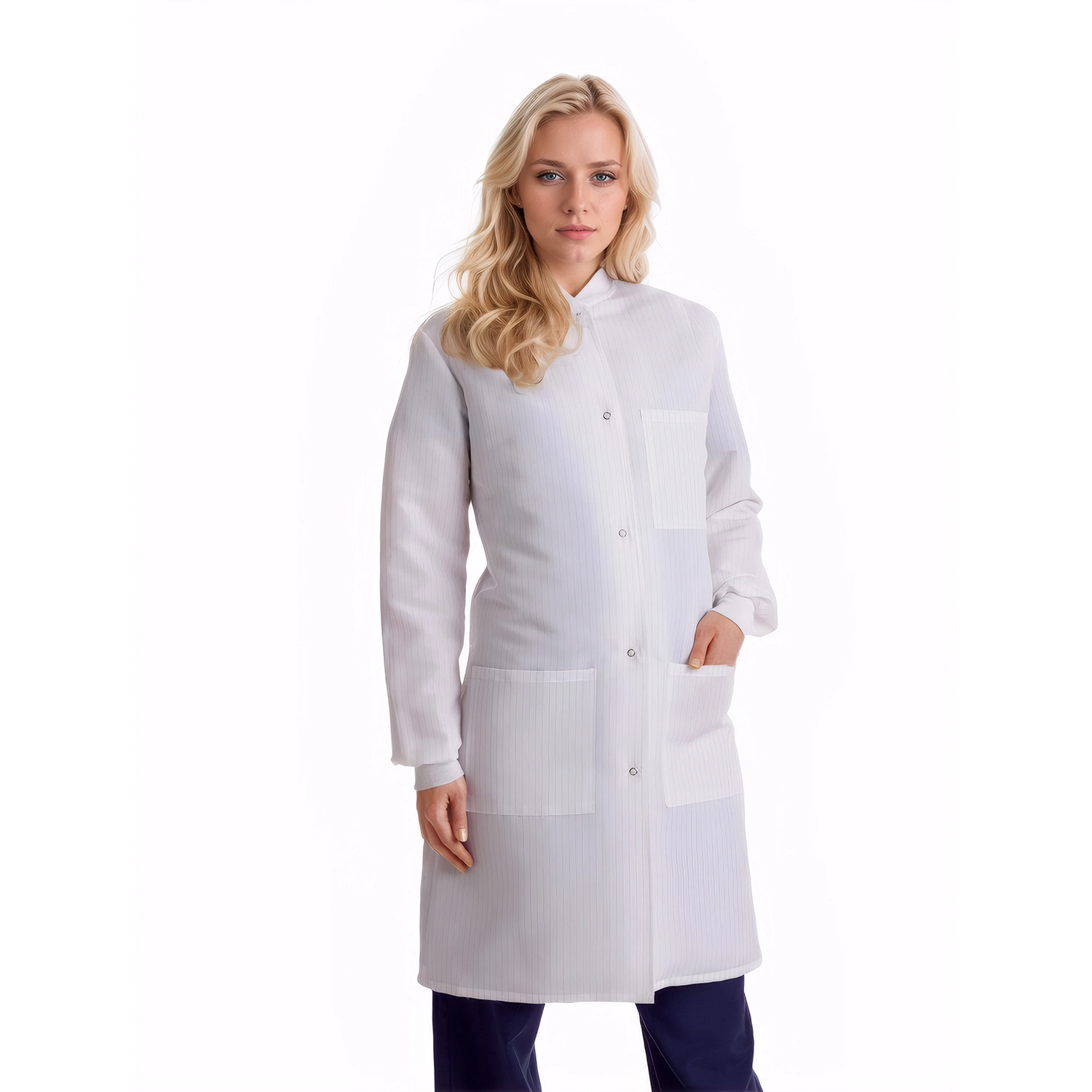 Women’s anti-static lab coat with functional pockets for tools, designed for cleanroom and lab environments. Breathable and protective design with snap-front closure.