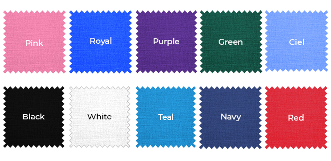 Color Swatches – Available in Pink, Royal, Purple, Green, Ciel, Black, White, Teal, Navy, Red Color swatches featuring Pink, Royal, Purple, Green, Ciel, Black, White, Teal, Navy, and Red fabrics.