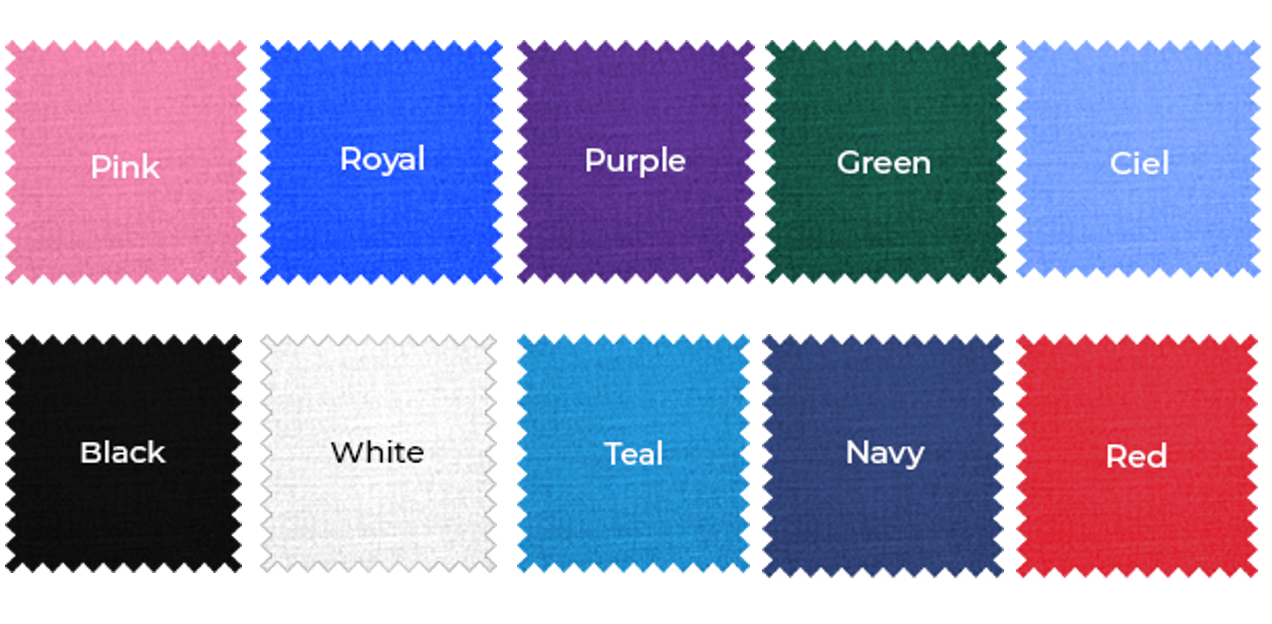 Color Swatches – Available in Pink, Royal, Purple, Green, Ciel, Black, White, Teal, Navy, Red Color swatches featuring Pink, Royal, Purple, Green, Ciel, Black, White, Teal, Navy, and Red fabrics.