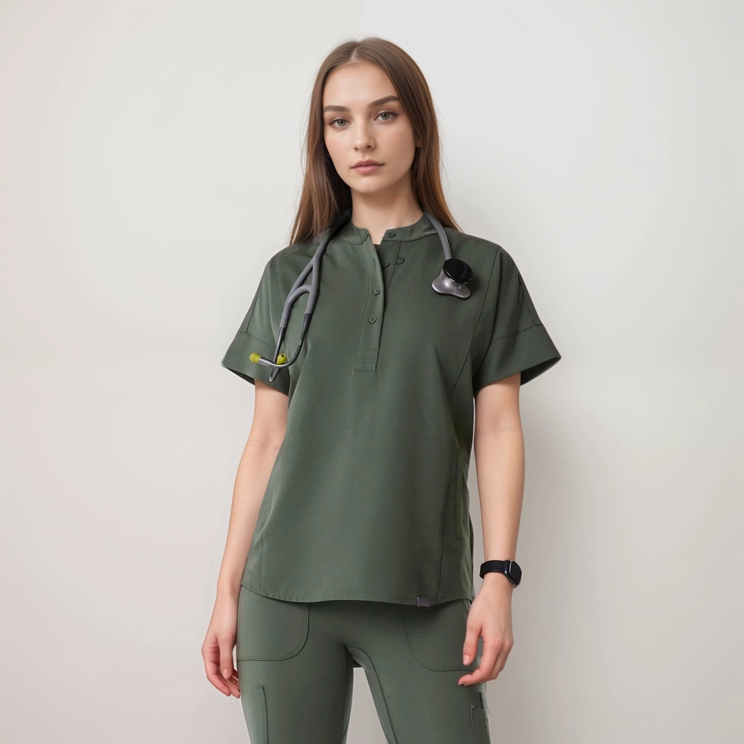 Front view of custom surgical gown top with zipper pockets, providing comfort, durability, and a professional appearance for healthcare professionals.