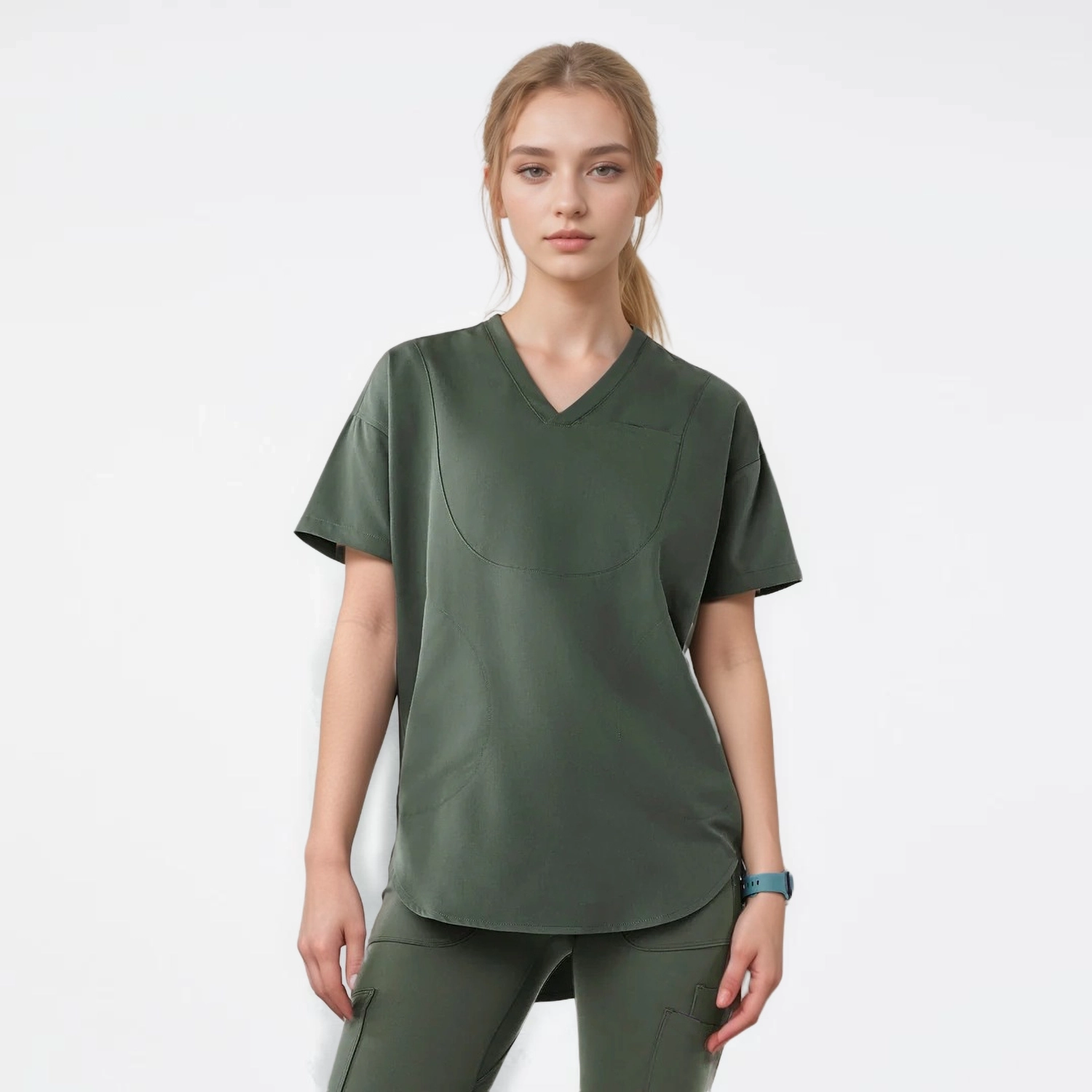 Green V-neck medical scrub top for women with side pockets, combining comfort and functionality for medical professionals.