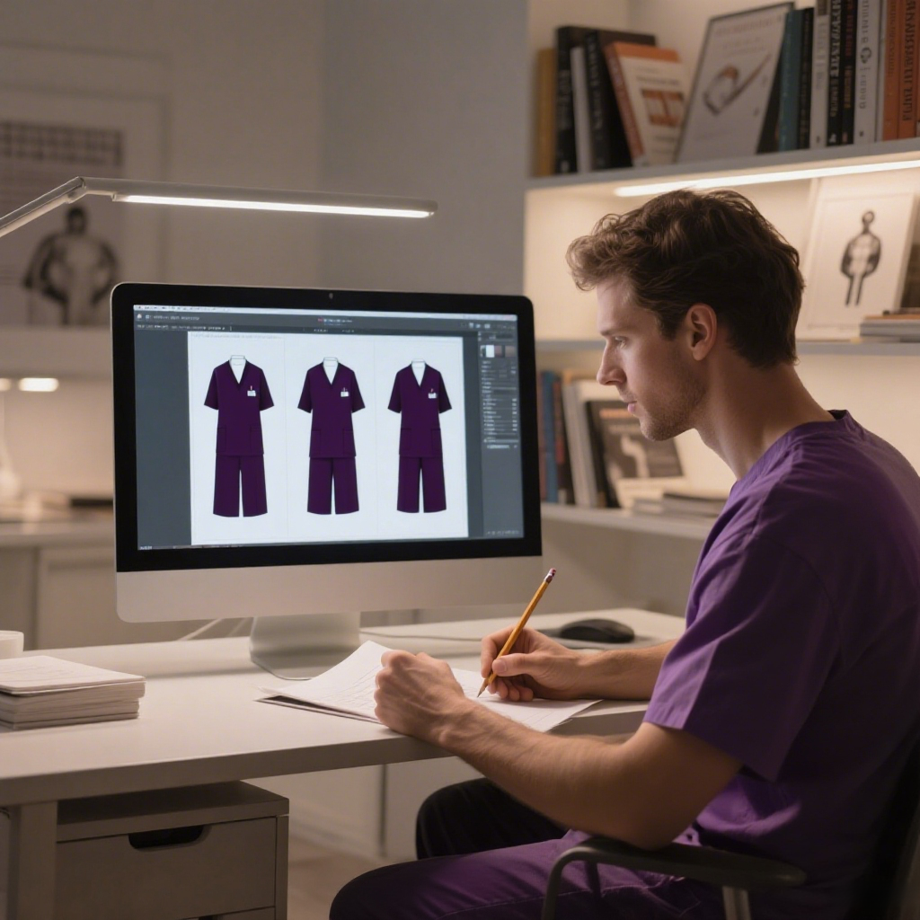Custom Medical Scrub Design for Healthcare Apparel Brands Designer creating custom unisex medical scrubs in purple for healthcare uniform production