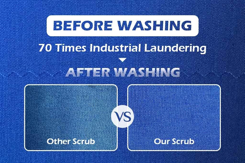 Medical-scrubs-washing-test Comparison of scrub fabric before and after 70 industrial launderings, showing the durability of our scrub versus other scrubs.