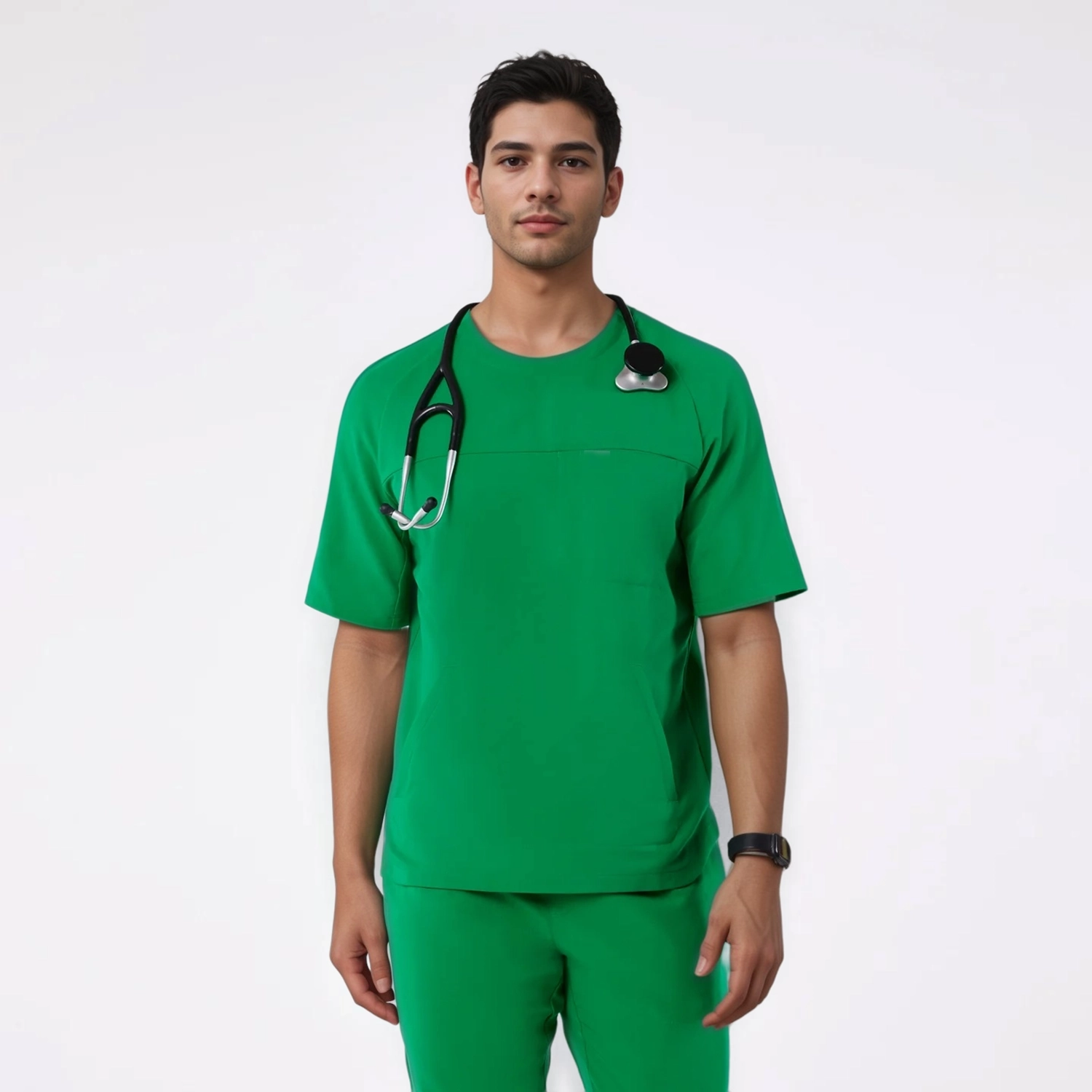 Men's green surgical scrub top with V-neck and chest pocket, ideal for healthcare professionals, offering comfort and functionality for long shifts.