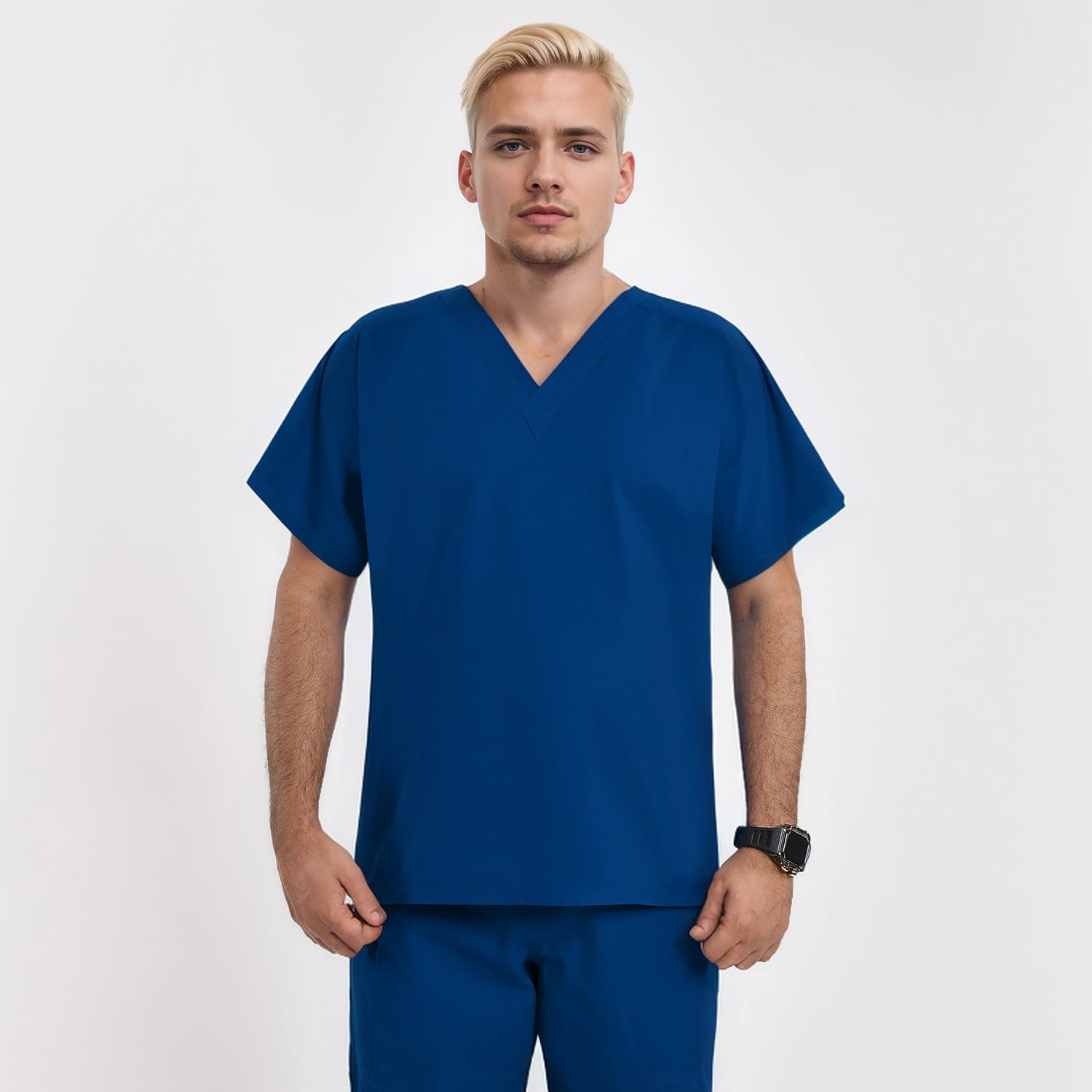 Front view of a male model wearing a deep blue unisex V-neck scrub top, ideal for medical professionals seeking comfort and professionalism.