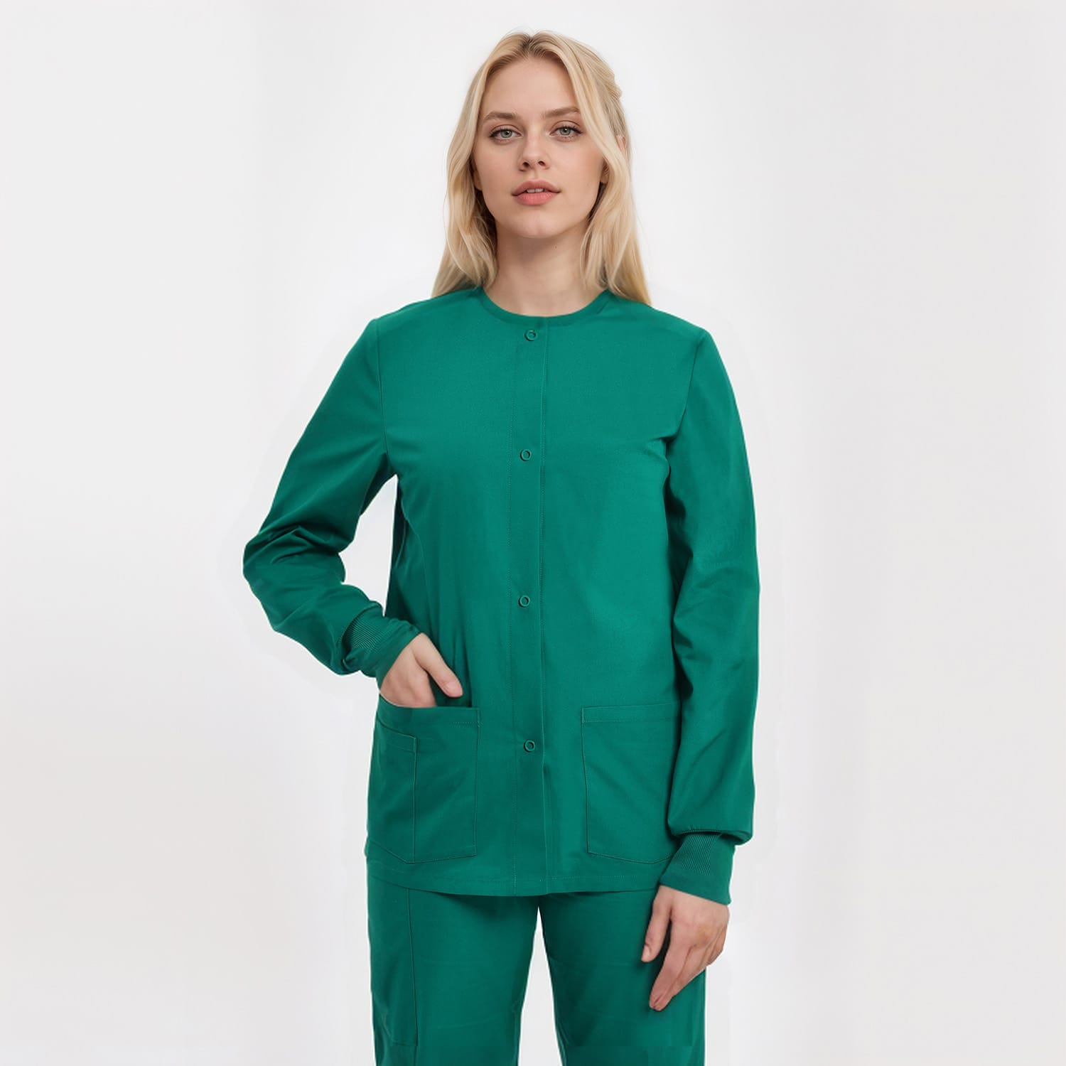Unisex three-pocket scrub jacket in green, designed for healthcare professionals, offering comfort and durability.