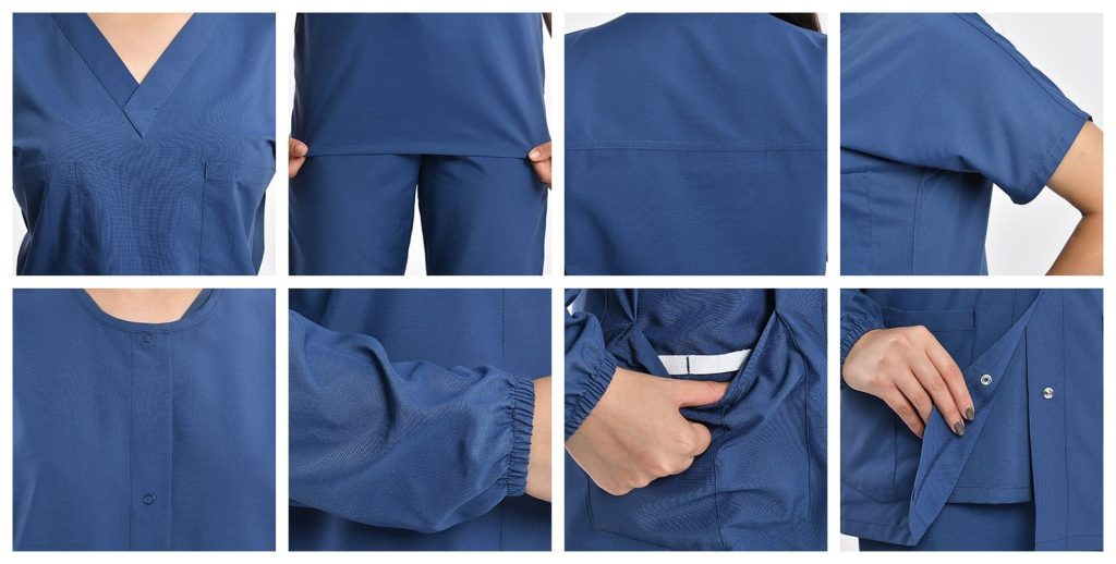 Close-up shots of the blue unisex 3-pocket warm-up scrub jacket, highlighting its front closure, cuffed sleeves, and practical pockets.