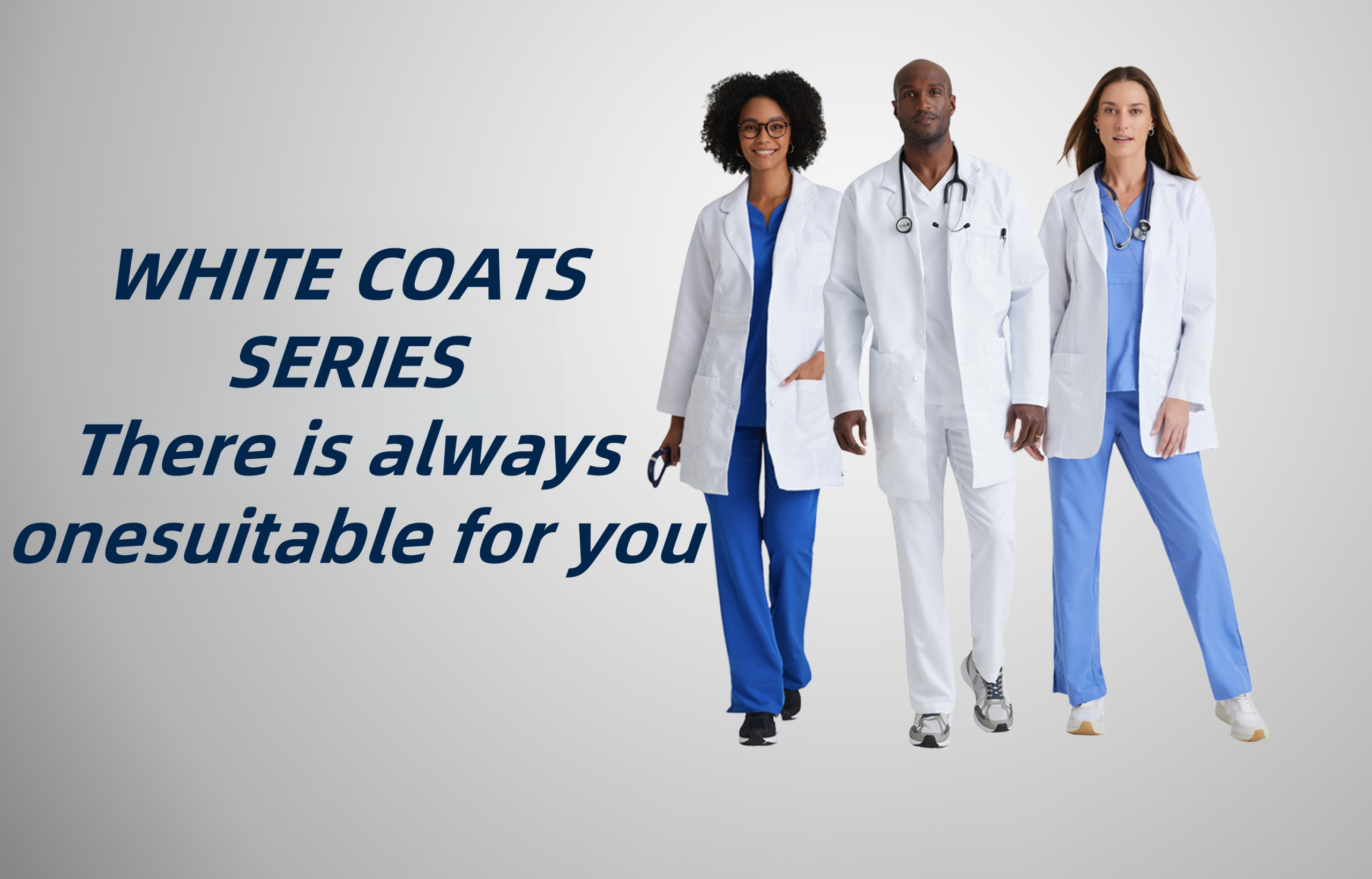 Custom White Coats Series – Tailored Medical White Coats for Professionals Image showcasing healthcare professionals wearing white coats from the White Coats Series, available in various colors and customizable for different fits.