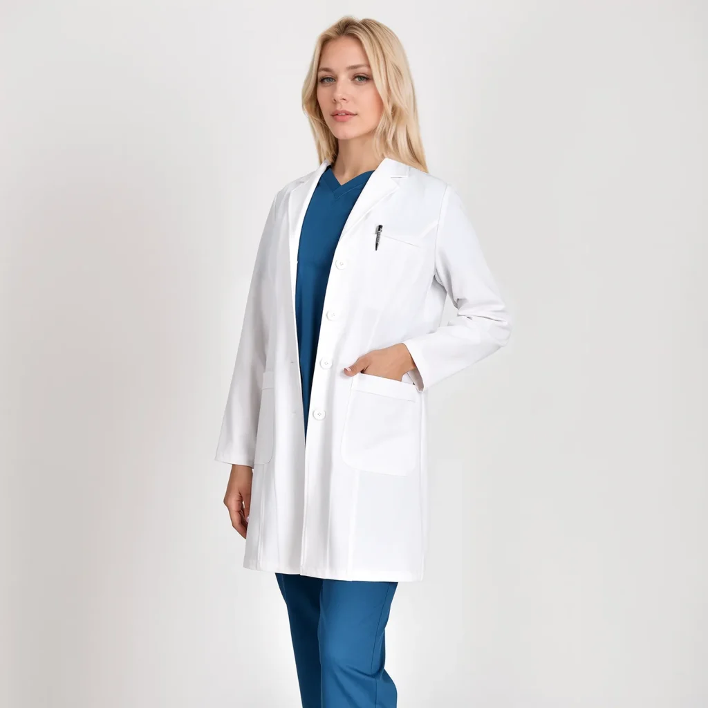 Unisex long-sleeve medical white coat with three pockets, notched lapel, and button closure.