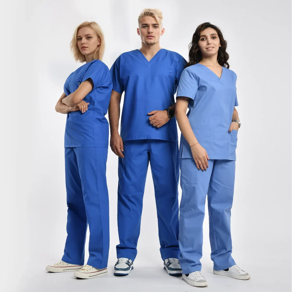 Unisex blue medical scrub sets for men and women, perfect for bulk wholesale and factory direct orders, designed for comfort and durability.