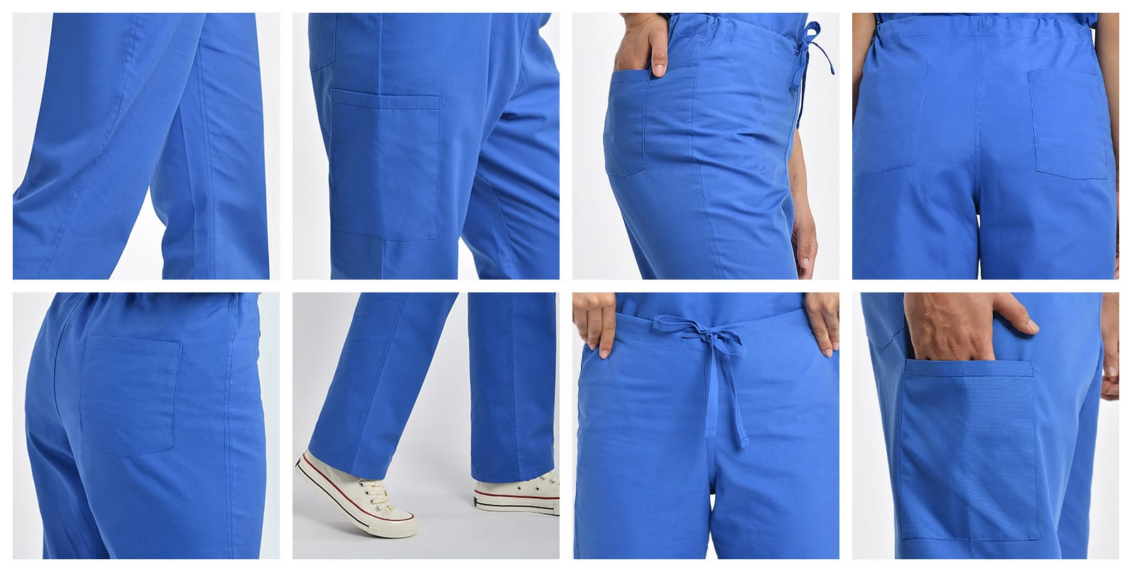 medical-scrubs-pants-details Navy blue unisex scrub pants for men and women with adjustable waist, featuring side cargo pockets for healthcare professionals.