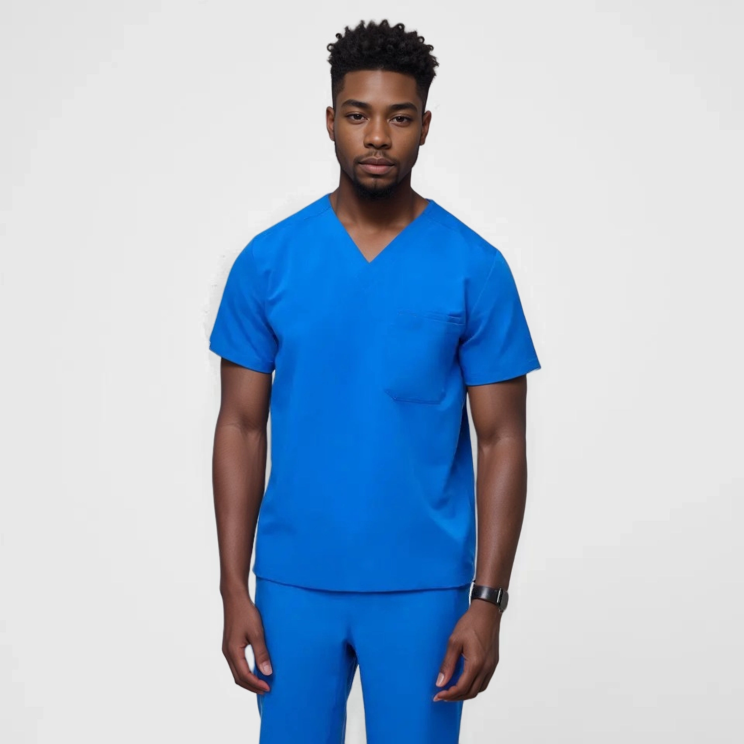 Men's blue V-neck medical scrub top with a chest pocket, designed for comfort and durability in medical settings.