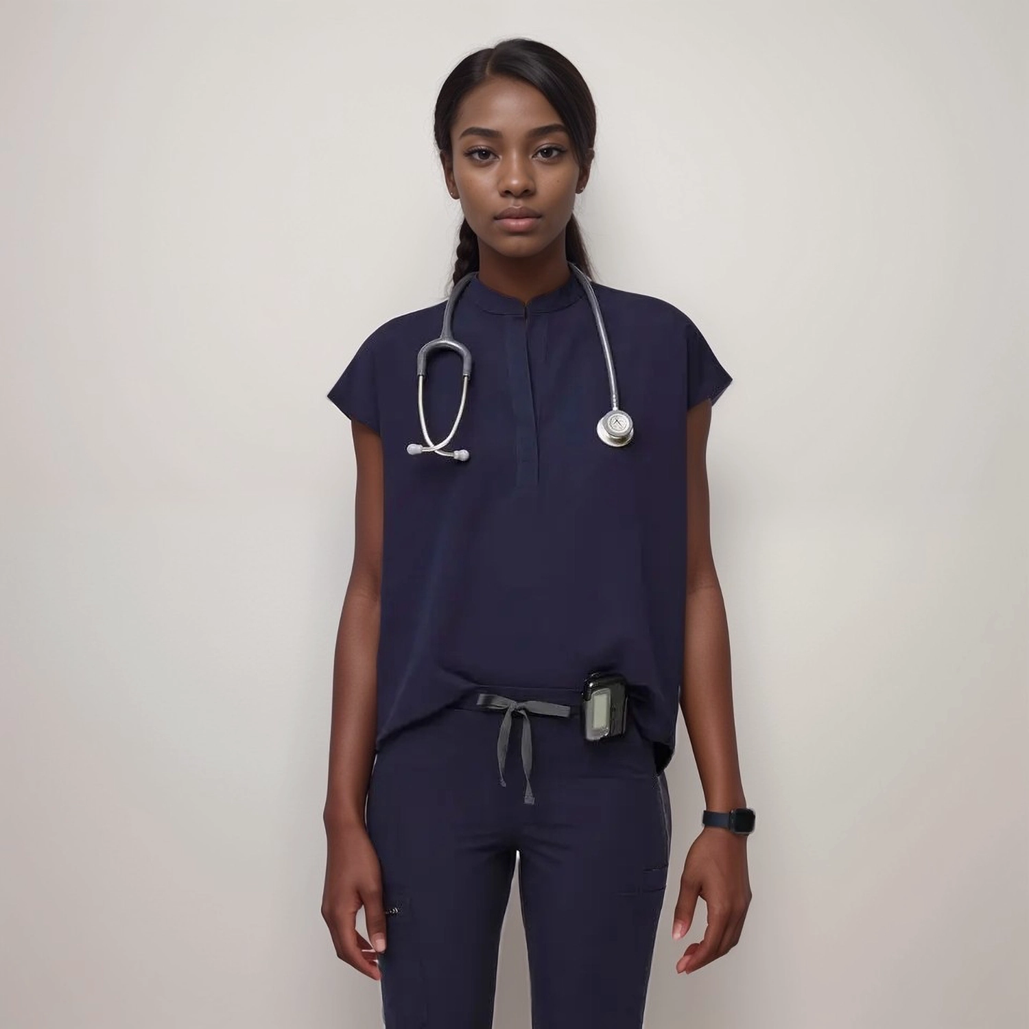 Navy blue sleeveless scrub top for women in healthcare, featuring side pockets for storage, offering comfort and style for daily use.