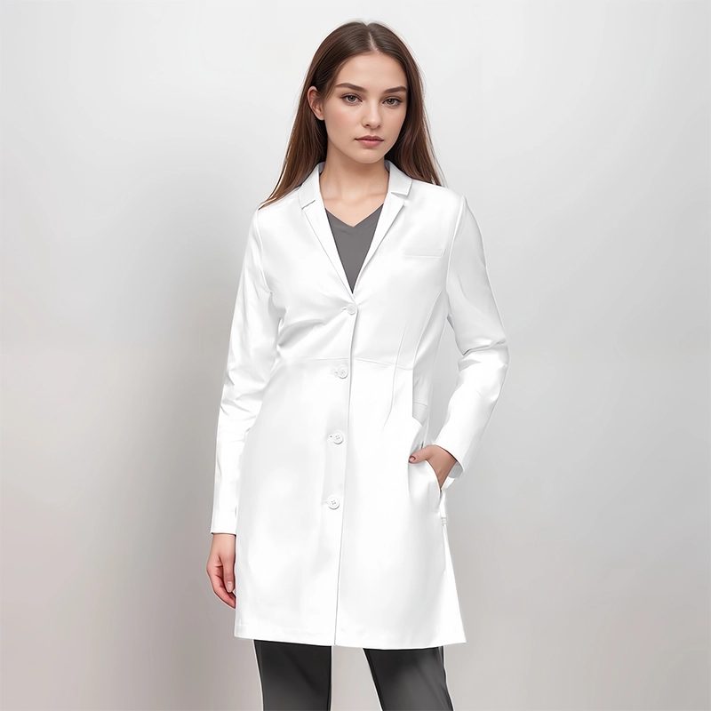 Women's lab coat featuring a notched lapel collar and button closure for a professional appearance.